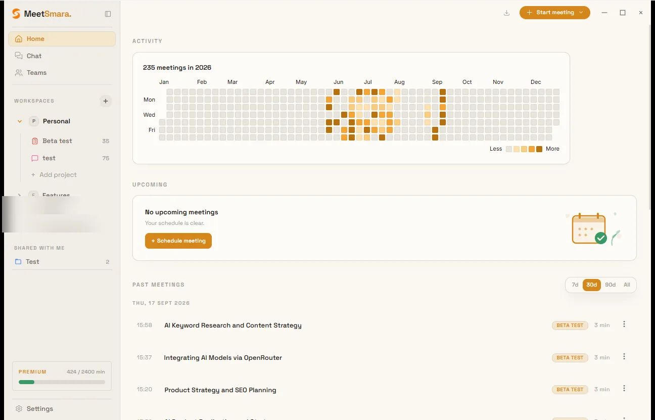 Upcoming calendar meetings and start-meeting prompt