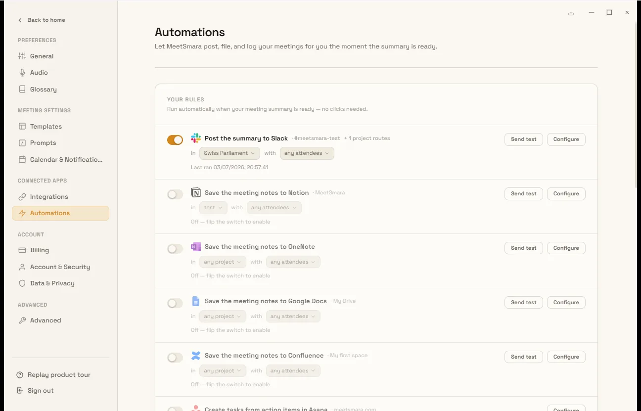 Settings Integrations list with connected tools